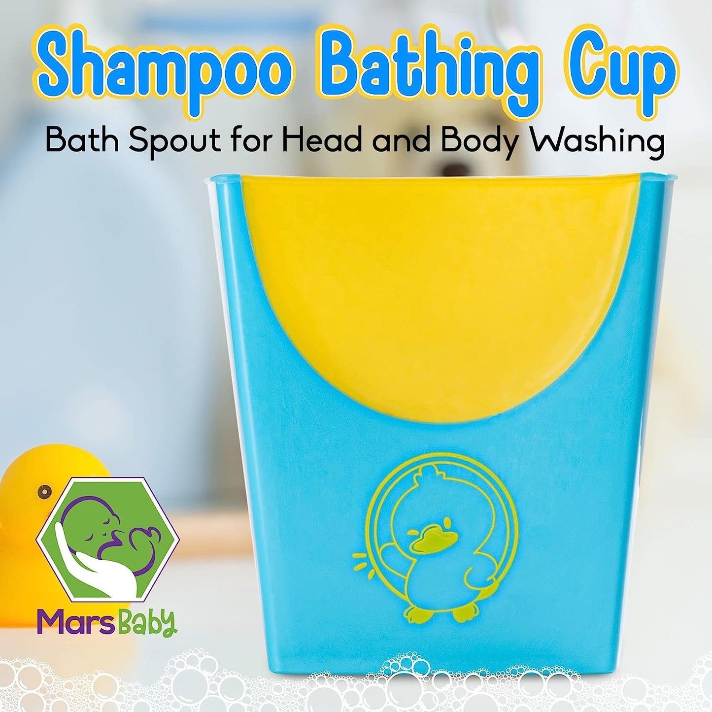 MARS BABY Shampoo Bathing Cup - Bath Spout for Head and Body Washing - Rinse Newborns and Infants Heads and Protect Eyes - No More Tears - Blue